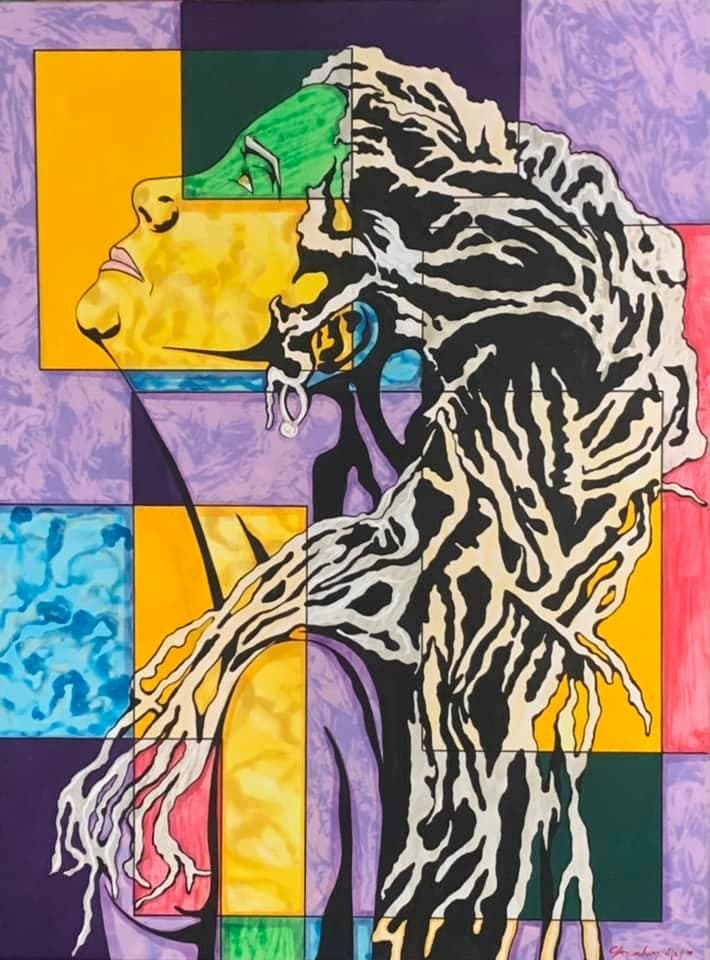 A profile portrait in yellow and green with long black and cream locks, set against a grid of purple, yellow, blue and red panels.