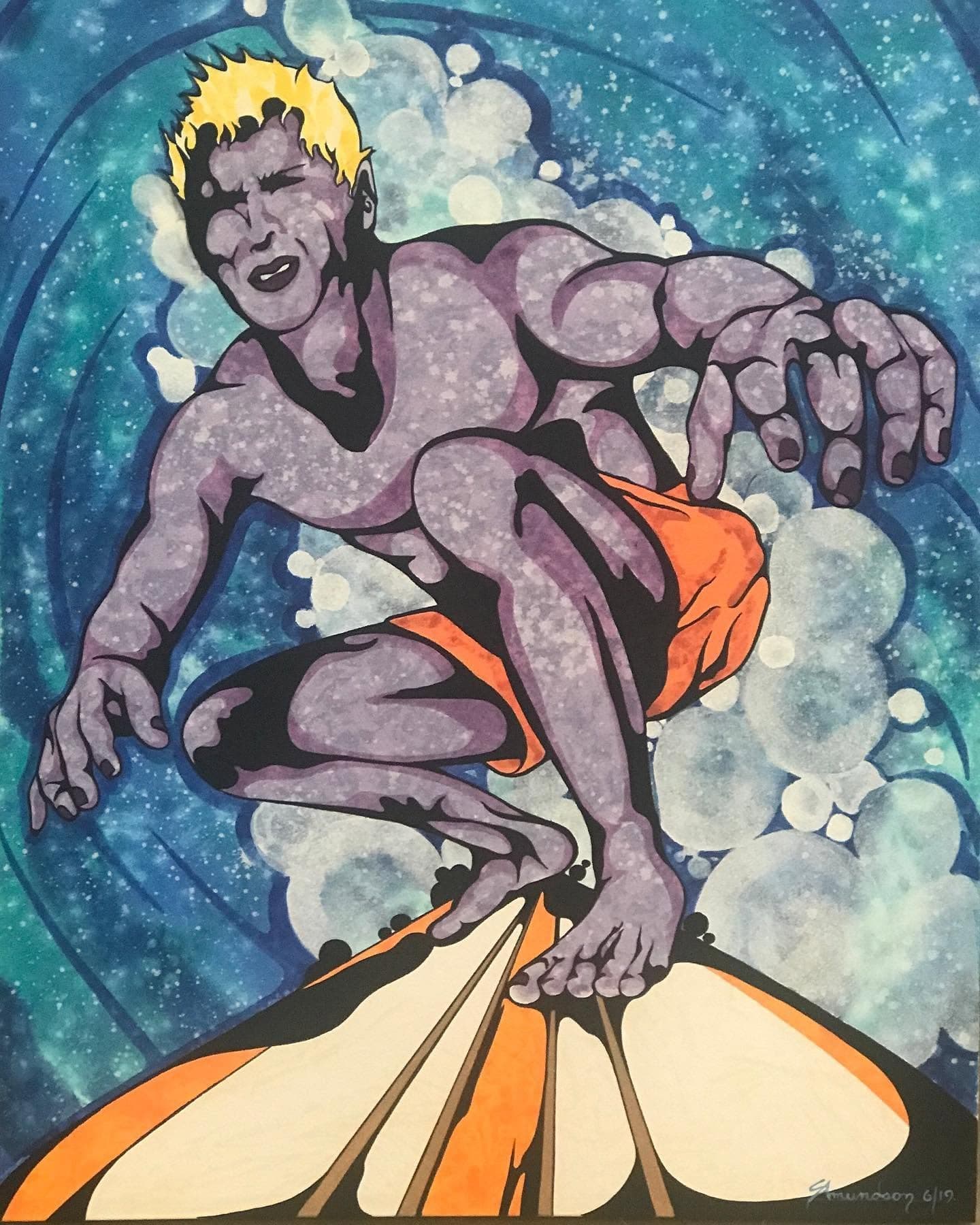 A surfer crouched low on a board in heavy black outline, purple skin and orange shorts, dropping down the face of a teal barrelling wave.