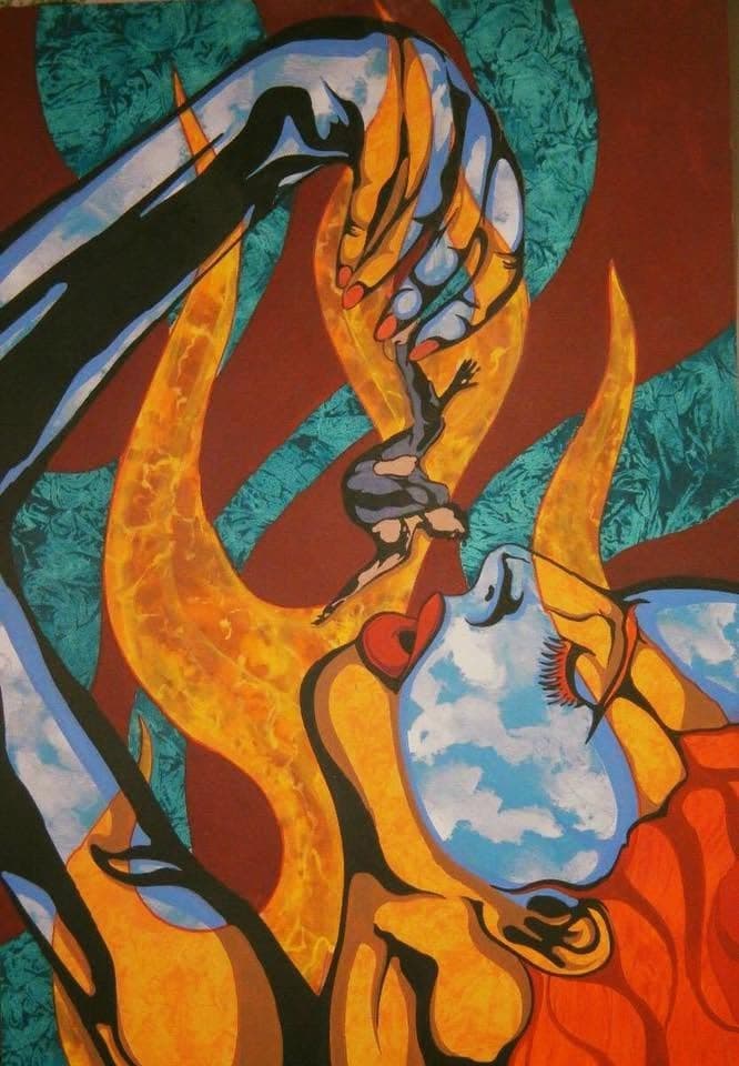 A face in profile looking up with clouds and blue sky inside it, an arm reaching down from above, orange flame forms against deep red.