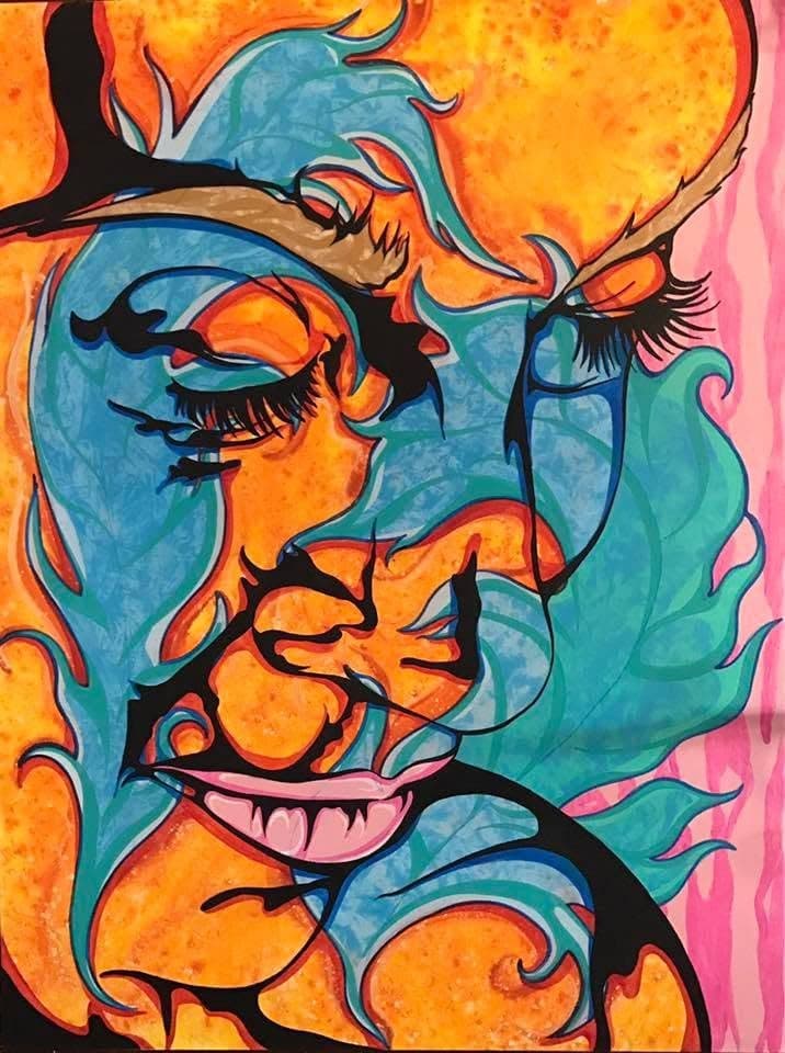 A face with closed eyes in orange and teal, heavy black linework, against a pink ground.