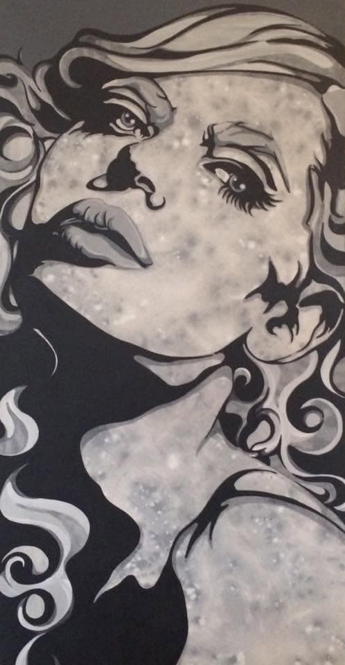 A greyscale portrait of a woman looking upward, rendered only in black, white and silver.
