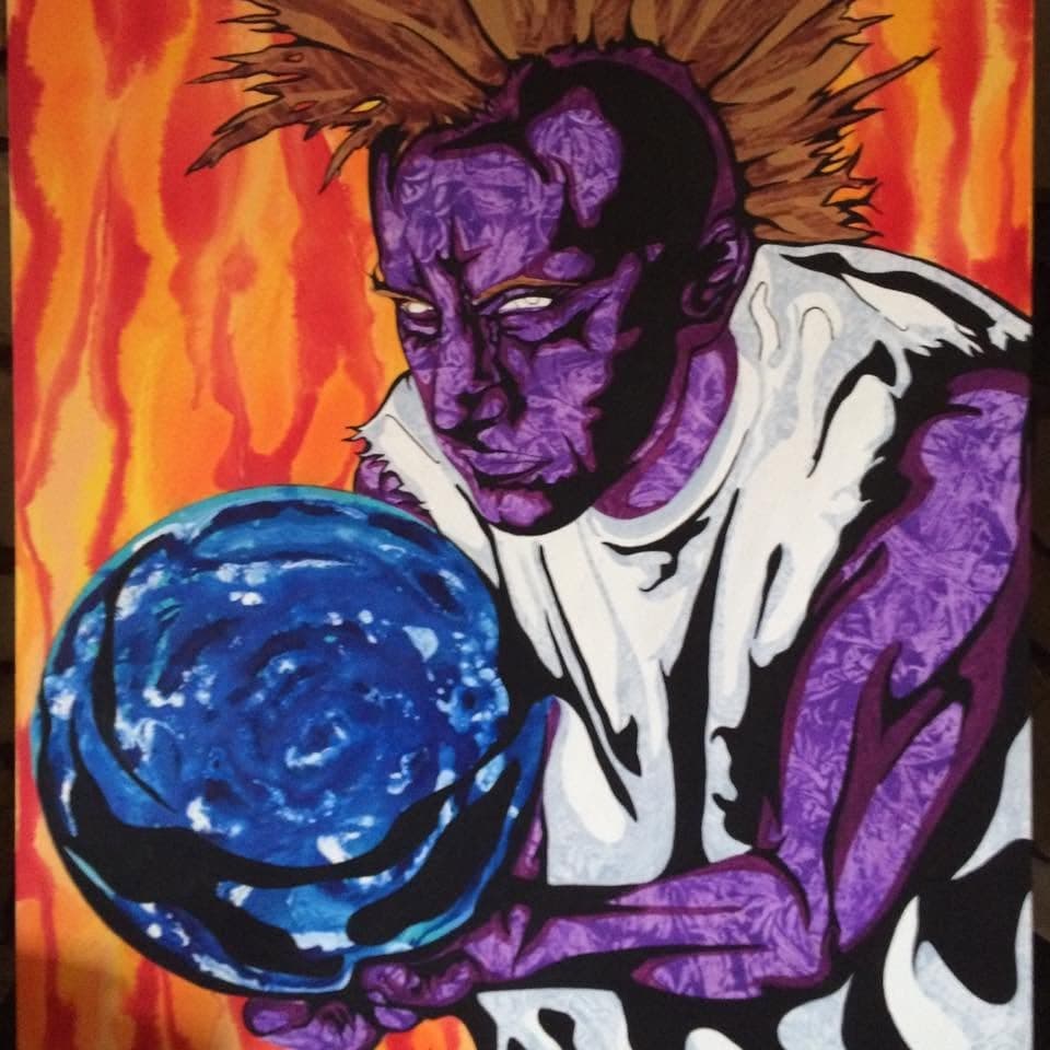 A purple-skinned figure with spiked hair cradling a glowing blue sphere, against orange and red flames.