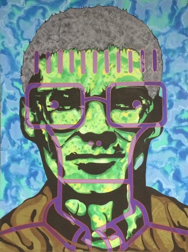 A front-facing portrait with a green face, grey hair and oversized purple-framed glasses, against marbled blue.
